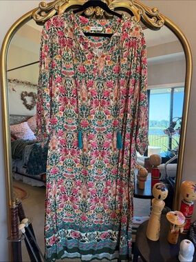 NATURAL LIFE Pink and Green Floral Maxi Dress with Tassels